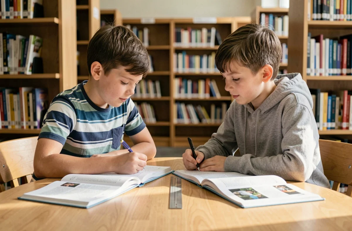 Deux écoliers s'entraidant pour des exercices de mathématiques dans une bibliothèque scolaire