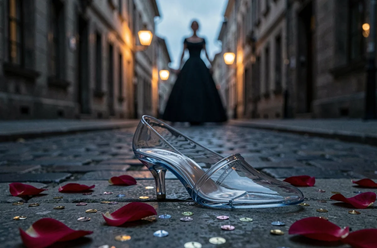 Escarpin en verre oublié sur un escalier en pierre avec une silhouette de femme qui s'enfuit au loin, illustration de Cendrillon
