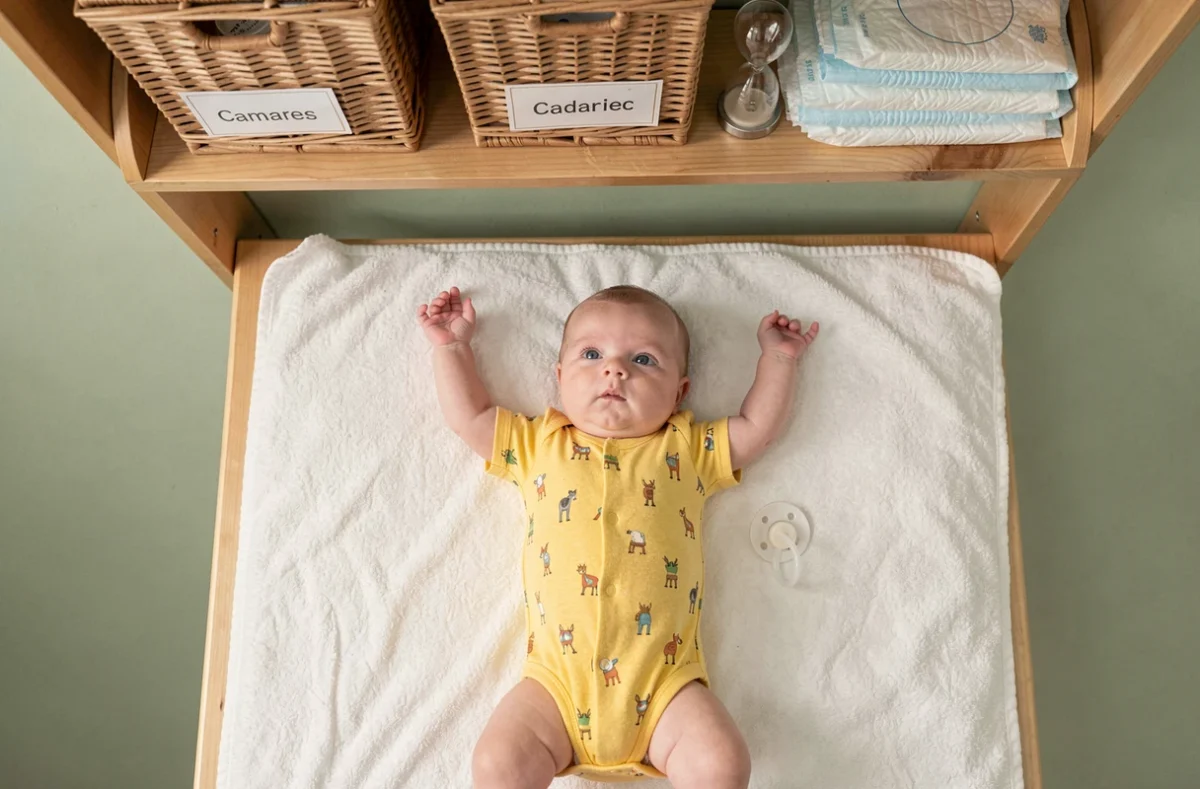 Nouveau-né d'un mois allongé sur la table à langer en éveil calme, illustrant les moments d'éveil et le rythme journalier d'un bébé de 1 mois