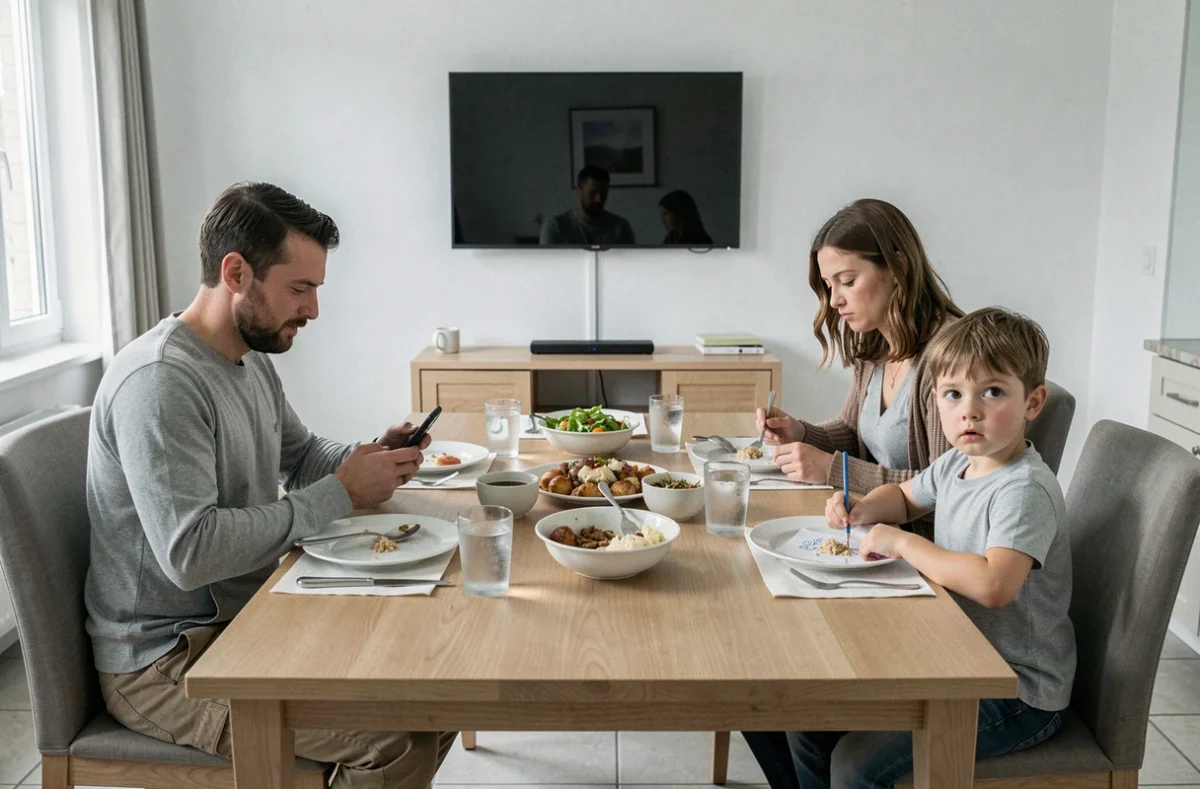 Famille réunie à table mais totalement déconnectée émotionnellement, illustrant le dysfonctionnement familial silencieux et la négligence relationnelle
