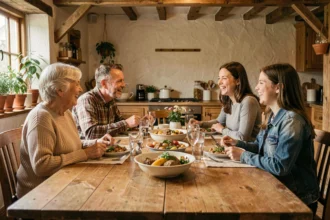 Famille multigénérationnelle réunie autour d'un repas convivial dans une cuisine chaleureuse à la campagne