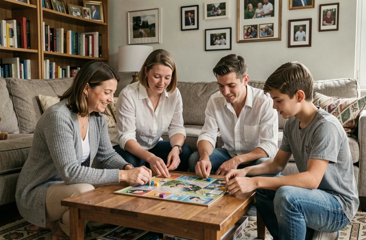 Famille réunie autour d'un jeu de société dans le salon, illustrant les interactions familiales et la socialisation des adolescents