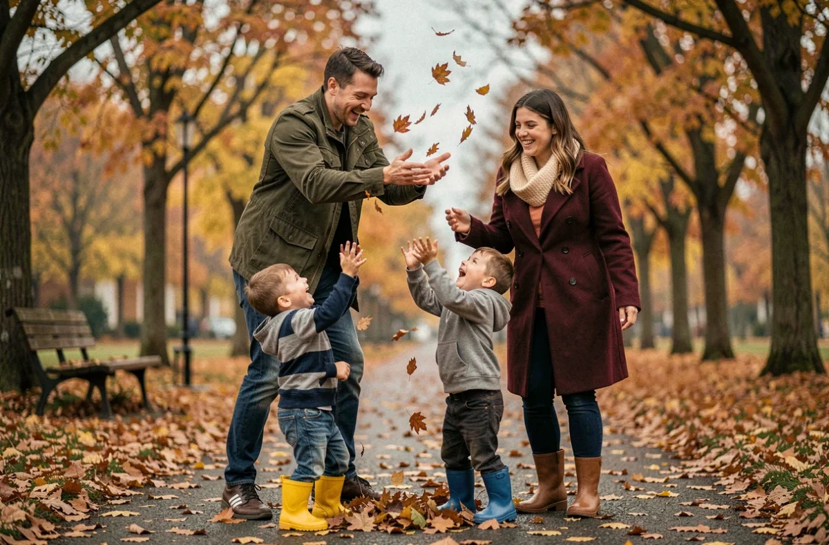 Jeune famille jouant ensemble dans un parc en automne parmi les feuilles dorées