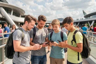 Famille faisant la queue au Futuroscope en consultant les temps d'attente sur un smartphone