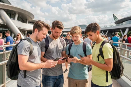 Famille faisant la queue au Futuroscope en consultant les temps d'attente sur un smartphone