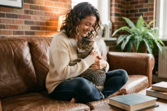 Femme souriante tenant un chat tigré contre elle sur un canapé en cuir dans un salon chaleureux