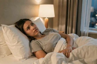 Femme allongée éveillée dans un lit d'hôtel la première nuit, regard pensif vers le plafond