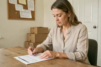 Femme remplissant un formulaire de réexpédition de courrier postal à son bureau à domicile entouré de cartons de déménagement