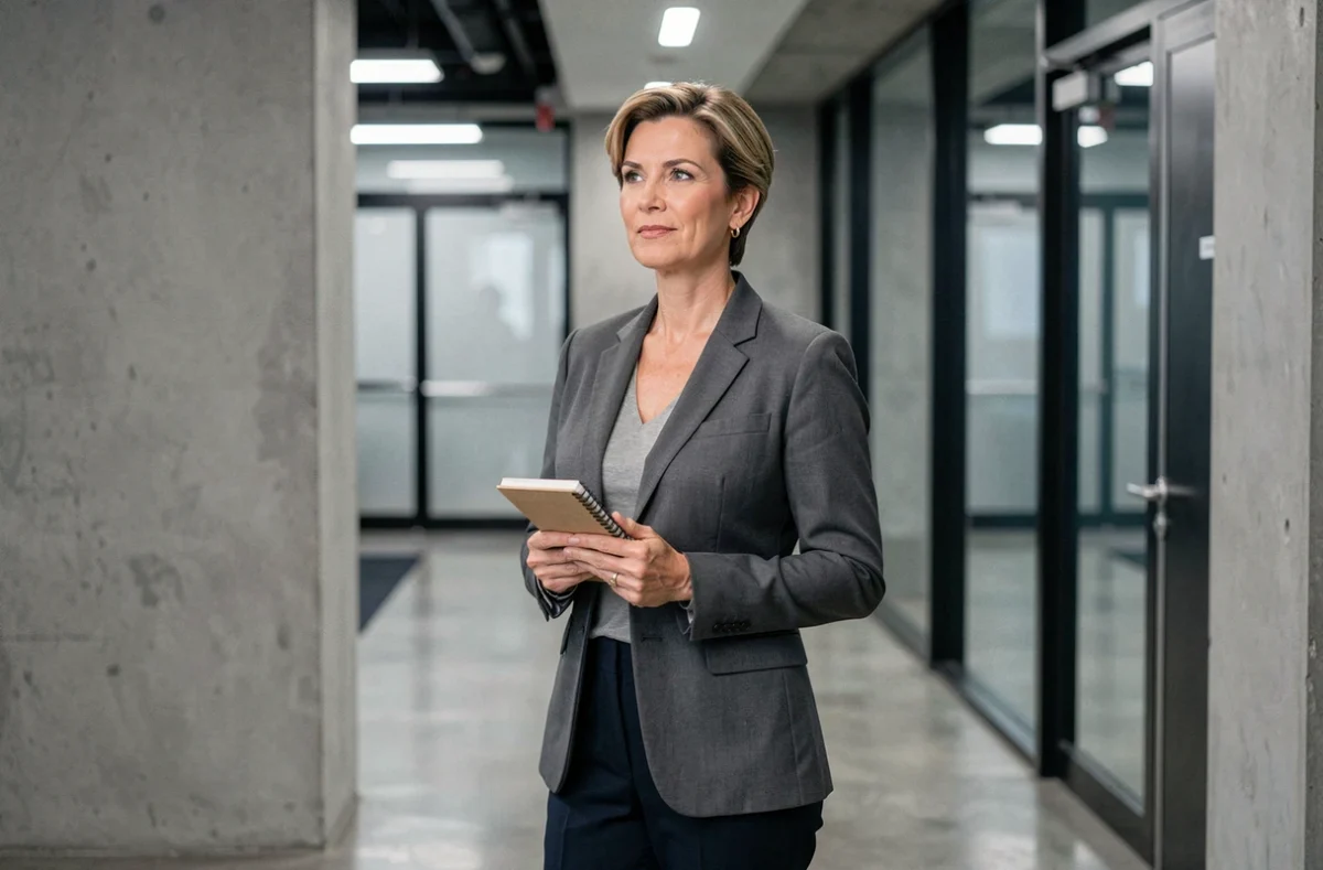 Femme journaliste dans un couloir de studio de télévision français, portrait professionnel illustrant une personnalité des médias politiques