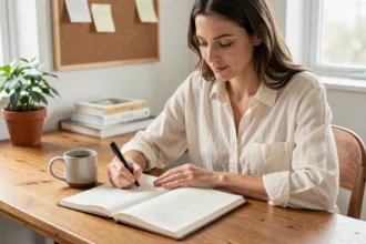 Femme organisant sa routine quotidienne en écrivant dans un agenda sur un bureau en bois dans un bureau à domicile ordonné