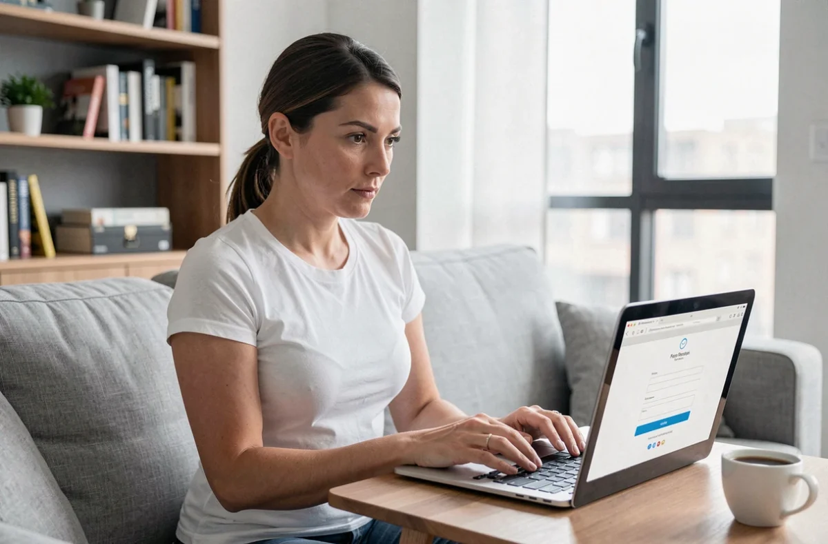 Femme effectuant une demande de réexpédition de courrier en ligne sur son ordinateur portable depuis son salon