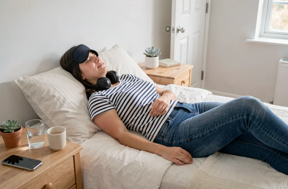 Femme se reposant allongée sur son lit avec un masque de sommeil et un casque audio pour trouver la tranquillité