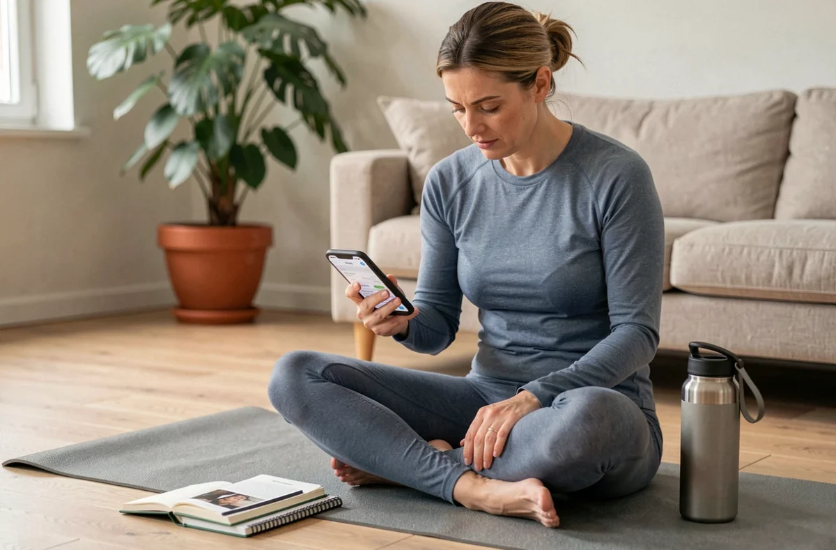 Femme consultant une application de routine sur smartphone pendant sa séance de yoga matinale dans un salon scandinave