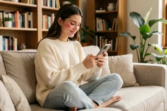 Jeune femme souriante qui envoie un SMS à un nouveau partenaire amoureux depuis son canapé