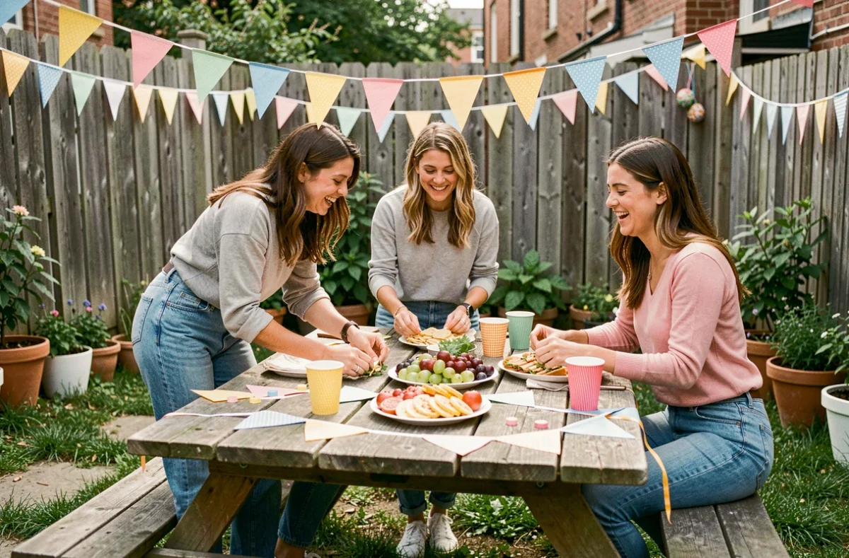 Groupe d'amis organisant une fête en plein air avec des décorations économiques dans un jardin urbain