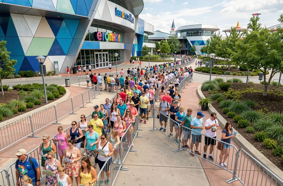 Vue large d'une longue file d'attente devant une attraction du Futuroscope avec des visiteurs en été