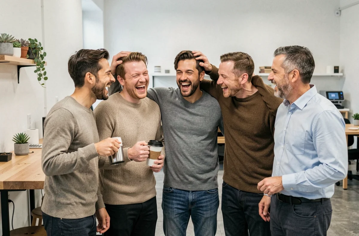 Groupe de collègues hilares dans une salle de pause de bureau moderne, pris d'un fou rire collectif