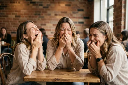 Trois femmes éclatant de rire autour d'une table de café, illustrant comment déclencher un fou rire entre amis
