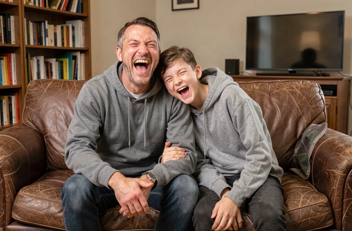 Un père et son fils en plein fou rire sur un canapé dans un salon familial chaleureux