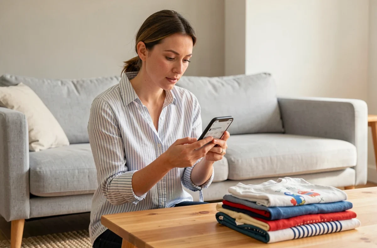 Femme consultant l'application Beebs sur son téléphone pour vérifier les frais de port d'une vente