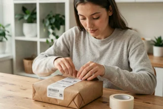 Jeune femme emballant un vêtement enfant pour l'expédier via une plateforme de revente comme Beebs