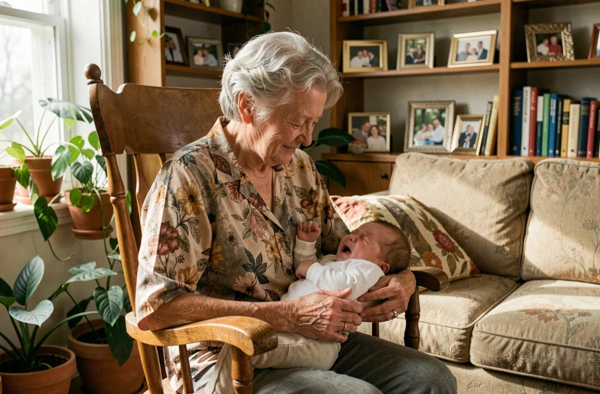 Grand-mère expérimentée berçant doucement un bébé qui pleure dans un rocking-chair dans un salon familial chaleureux