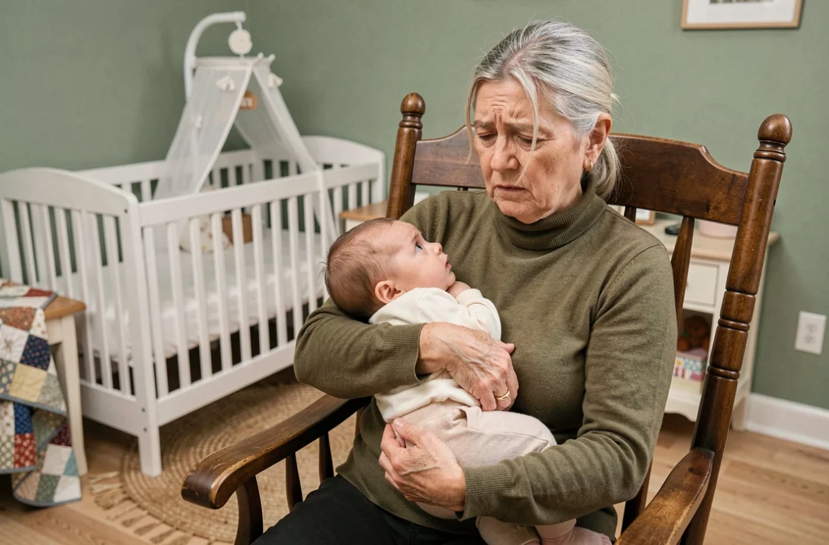 Grand-mère aux larmes berçant son petit-enfant dans un rocking-chair en bois, le nourrisson observant attentivement son visage avec curiosité