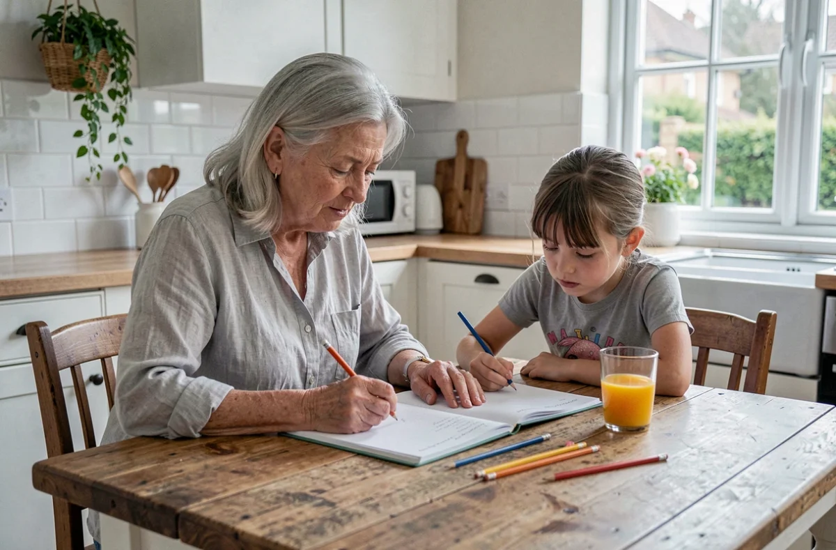 Grand-mère aidant sa petite-fille à faire ses devoirs à la table de cuisine, illustration du rôle éducatif de la famille dans la parentalité