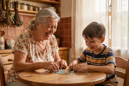 Grand-mère et petit-fils assemblant un puzzle ensemble à la table de cuisine, illustrant le rôle de la famille dans la socialisation des enfants