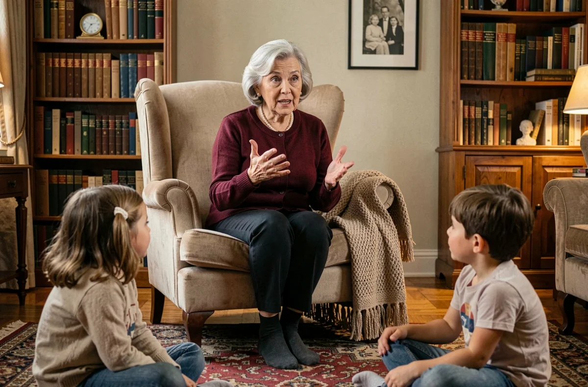 Grand-mère racontant une histoire à ses petits-enfants dans un salon cosy et familial