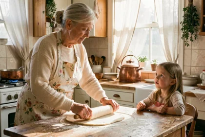 Grand-mère et petite-fille en train de faire de la pâtisserie ensemble dans une cuisine chaleureuse et authentique