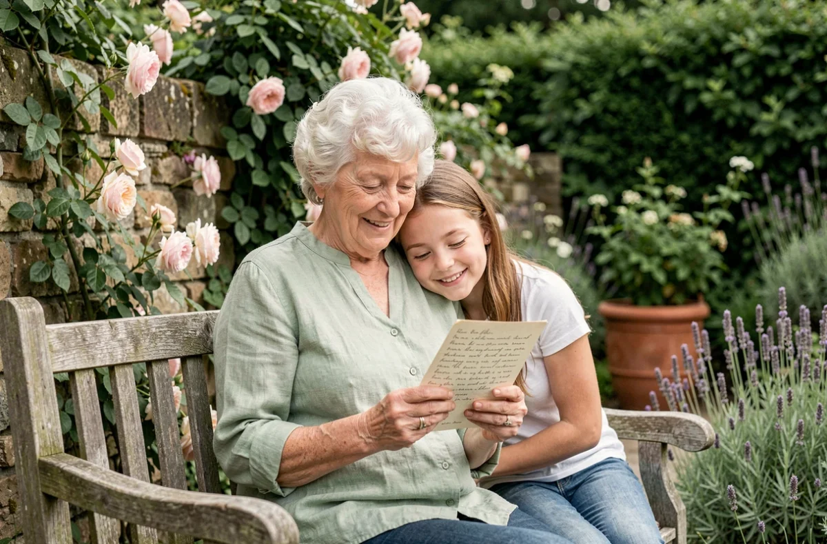 Grand-mère et petite-fille partageant un moment de tendresse dans un jardin fleuri et pittoresque