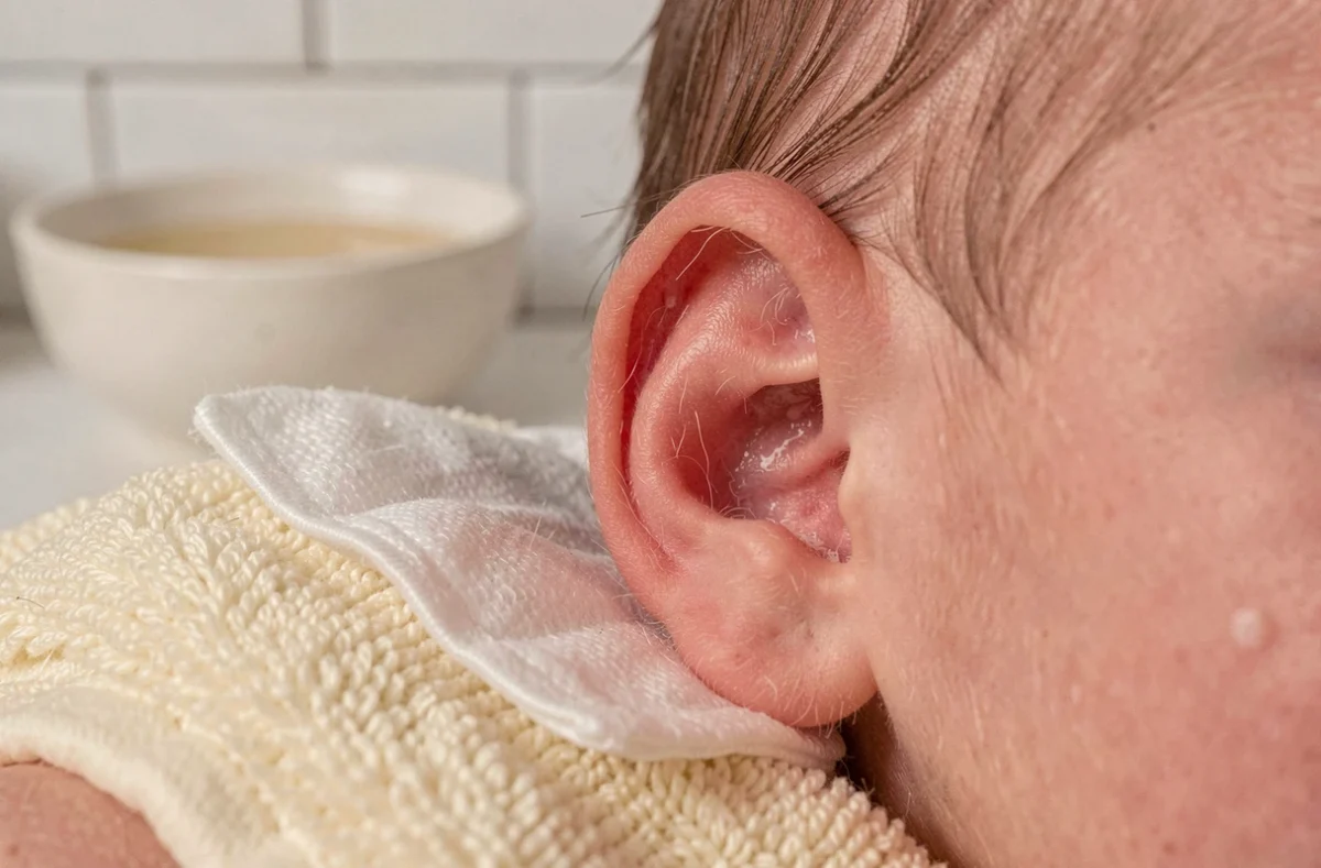 Gros plan sur l'oreille d'un nouveau-né avec du vernix blanc visible et un coton doux à proximité