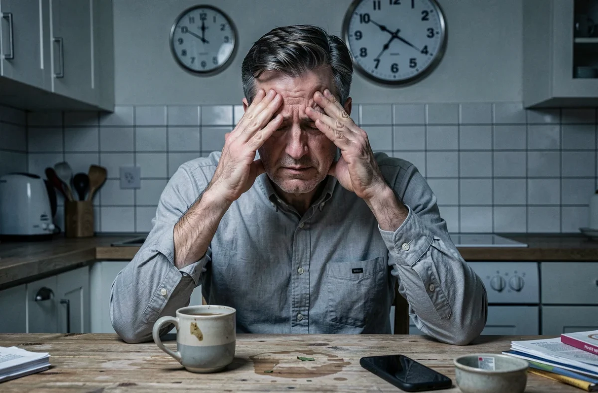 Homme fatigué à la cuisine tard le soir regardant l'heure avant d'aller dormir