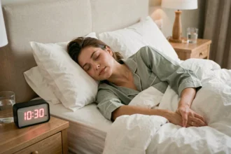 Femme endormie dans son lit avec réveil affichant 22h30, illustrant l'heure idéale pour se coucher afin de se lever à 6h