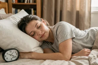 Femme s'endormant dans son lit à 22h30, illustrant l'heure idéale pour dormir