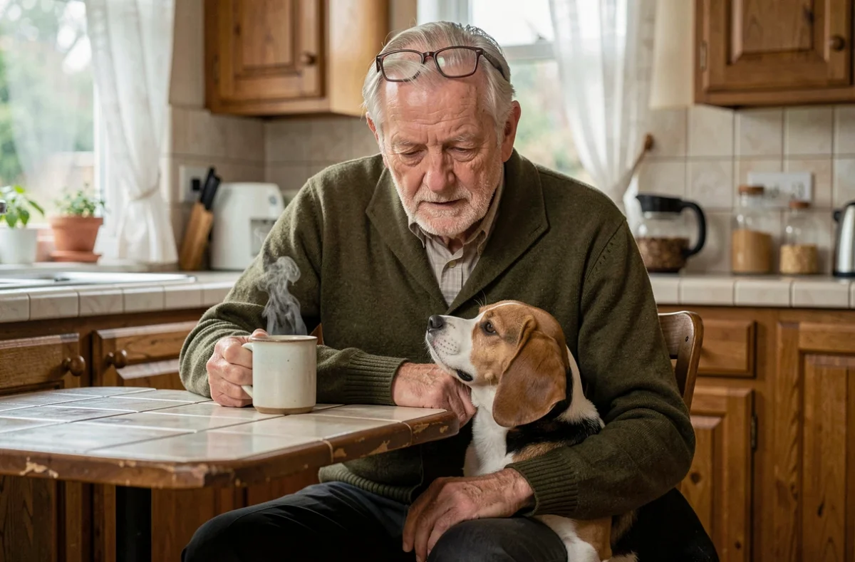 Homme âgé et son beagle dans une cuisine familiale, représentant le lien affectif entre les personnes âgées et leurs animaux