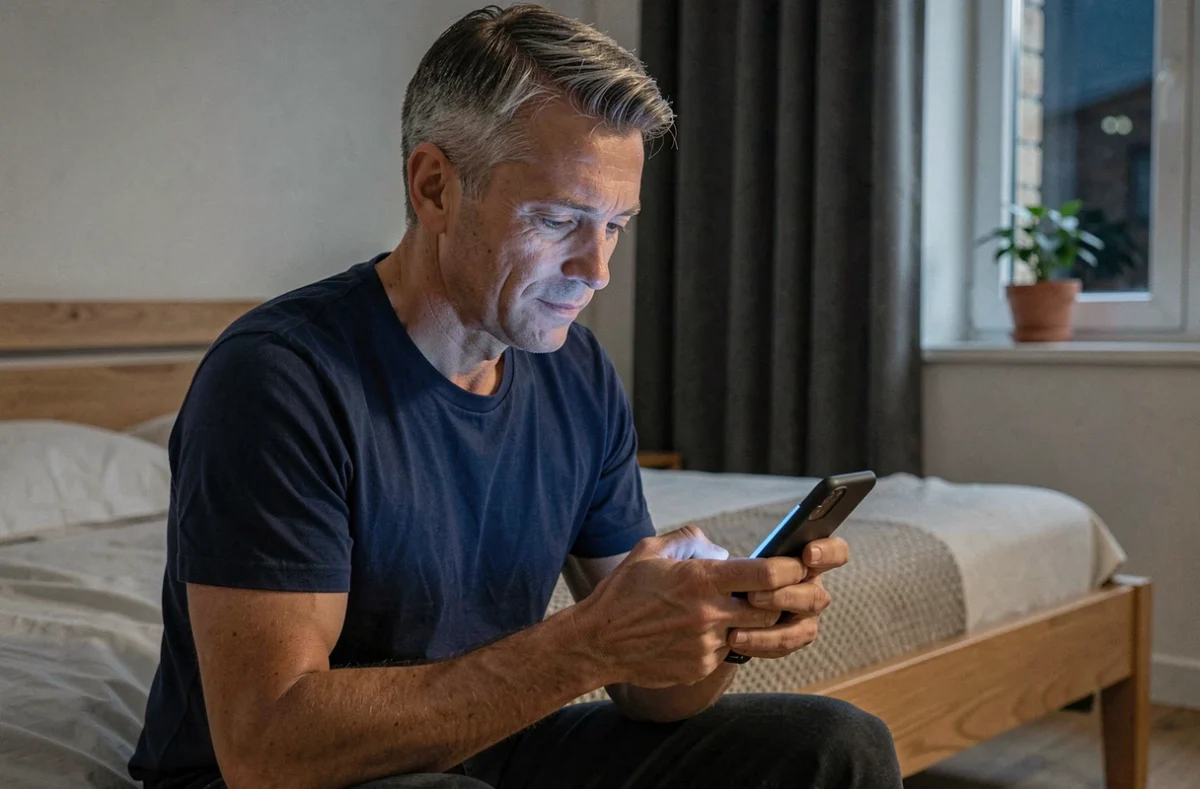 Homme consultant une application de suivi du sommeil assis au bord du lit le soir dans une chambre moderne