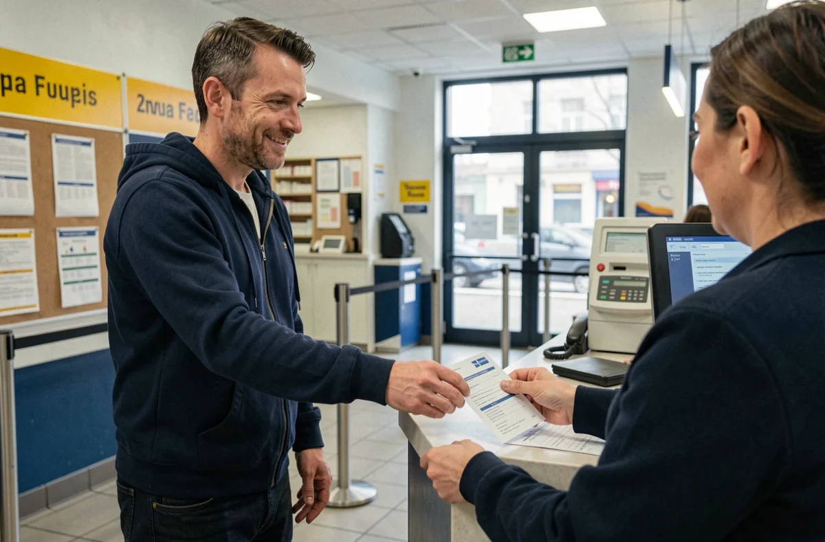 Homme déposant un formulaire de changement d'adresse postale au guichet d'un bureau de poste
