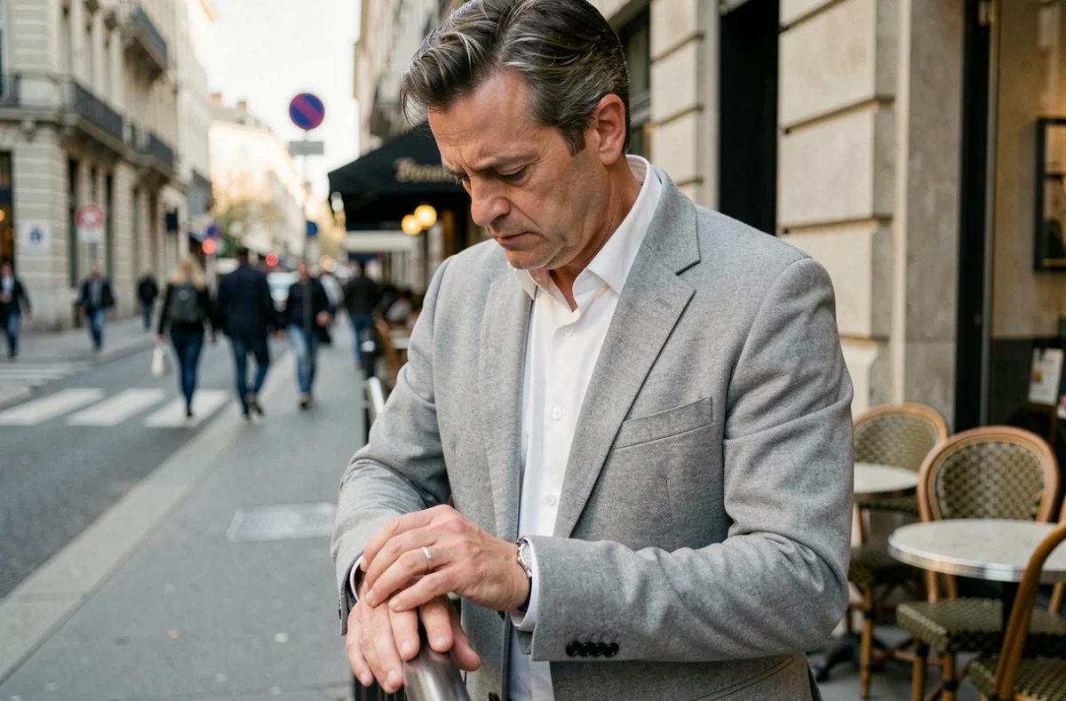 Homme d'âge mûr contemplant son alliance dans une rue urbaine devant un café, air pensif et mélancolique
