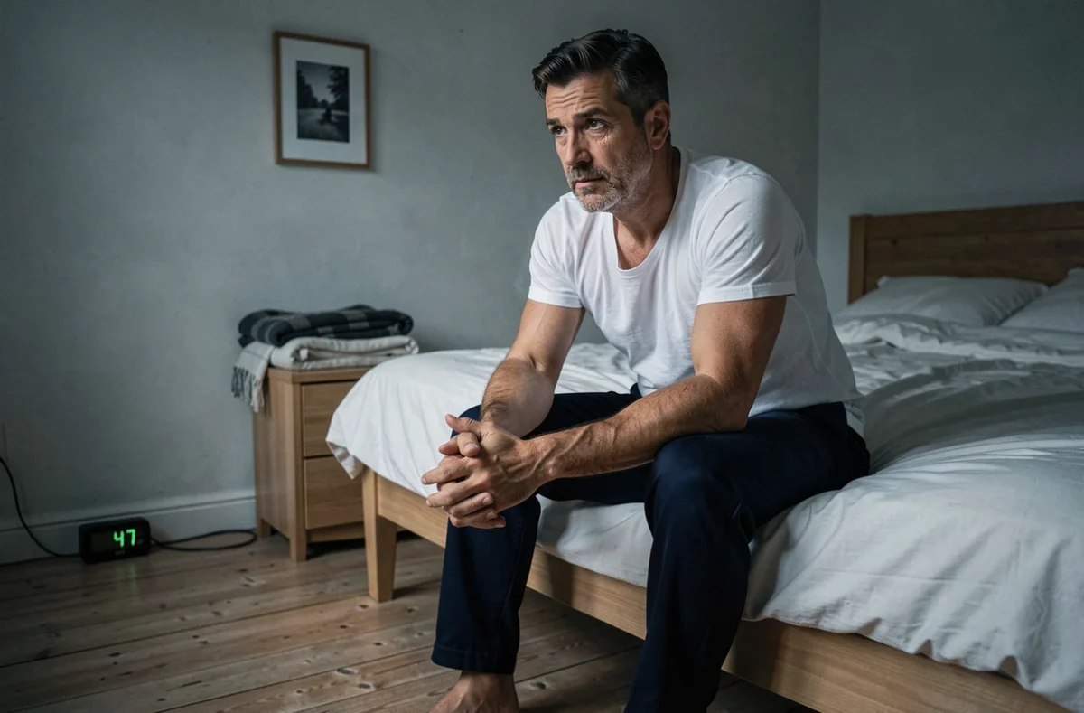 Homme assis au bord d'un lit la nuit dans une chambre inconnue, expression songeuse à 2h47
