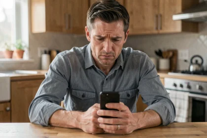 Homme marié assis seul à la table de cuisine, regardant son téléphone avec une expression tourmentée et une alliance visible