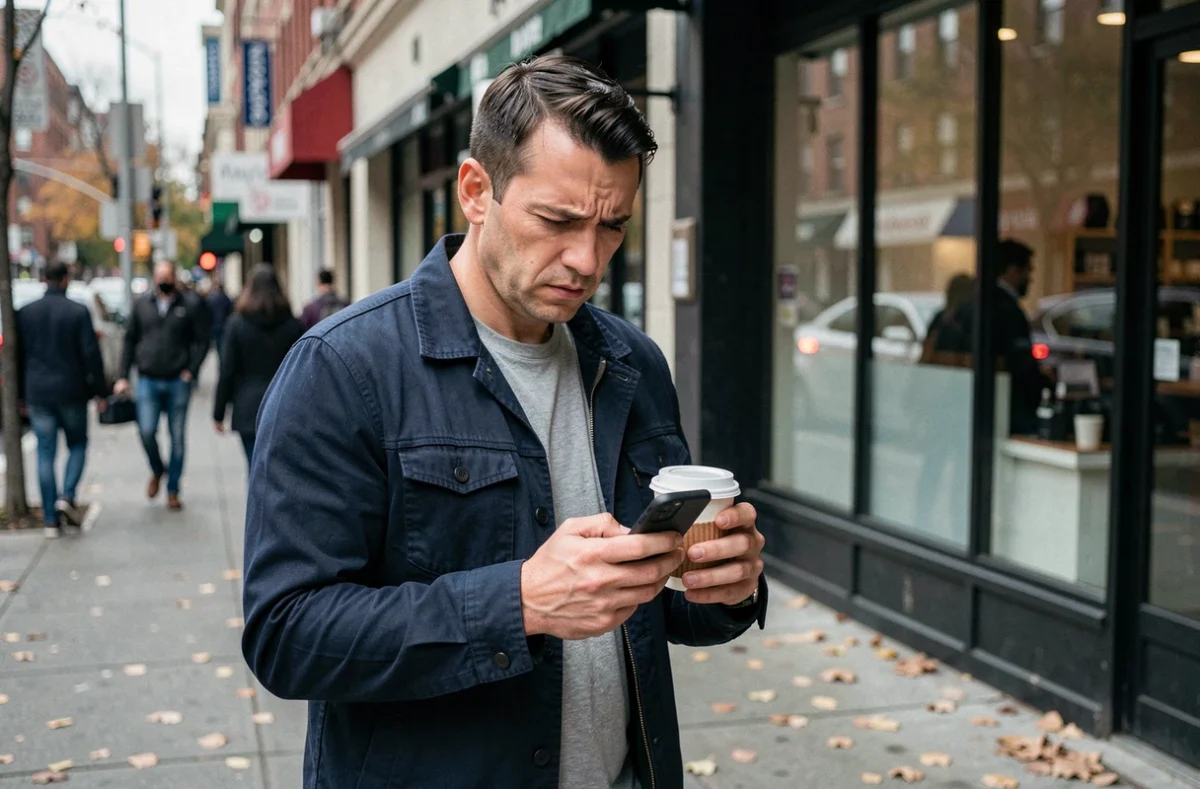 Homme marié debout dans la rue regardant son téléphone avec une expression partagée
