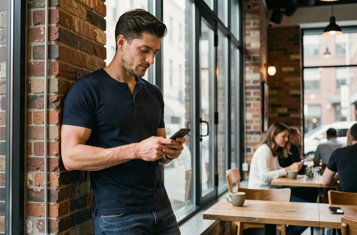 Homme pensif dans un café moderne consultant son téléphone en attendant un message romantique
