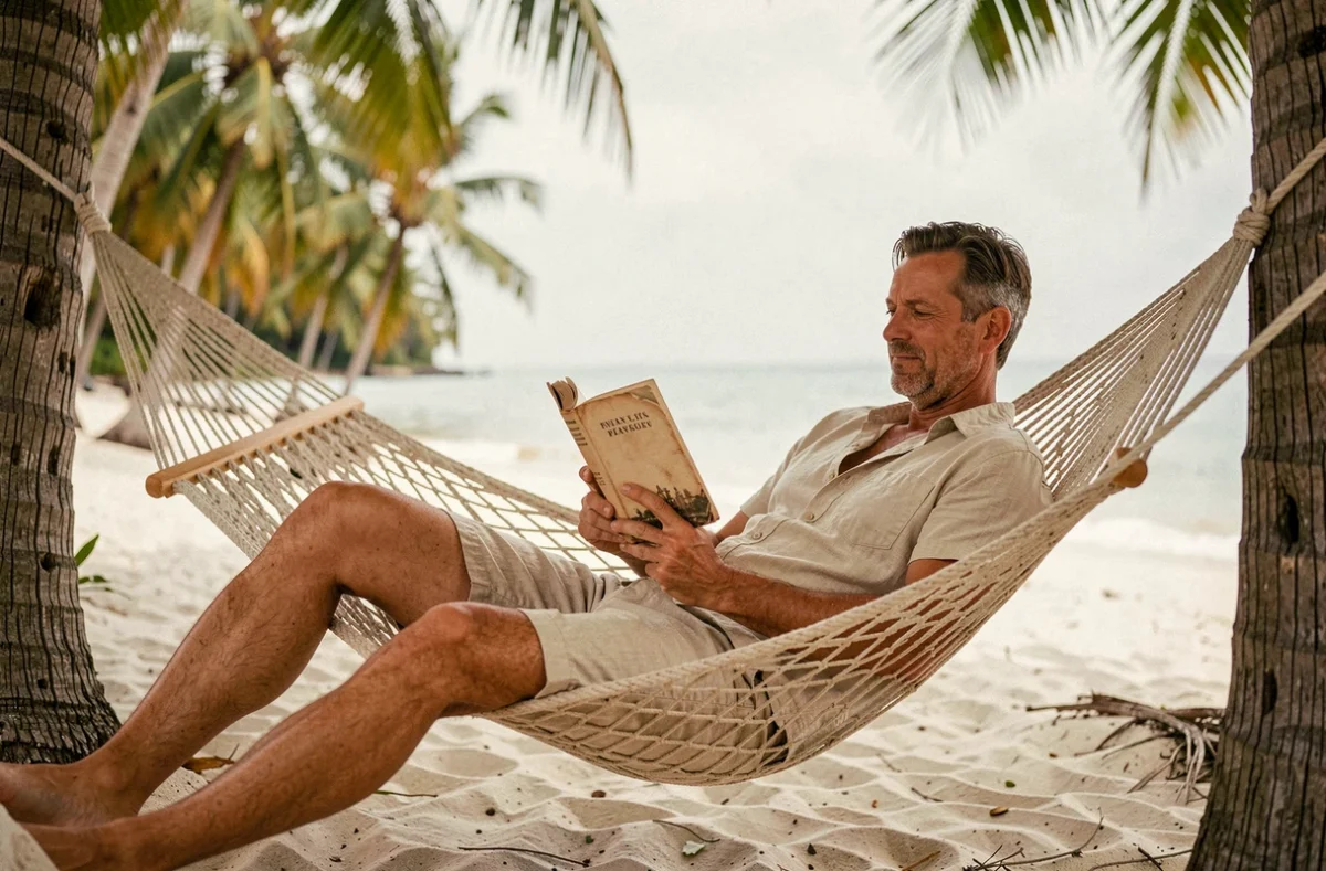 Homme se reposant dans un hamac entre des palmiers sur une plage tropicale pendant les vacances