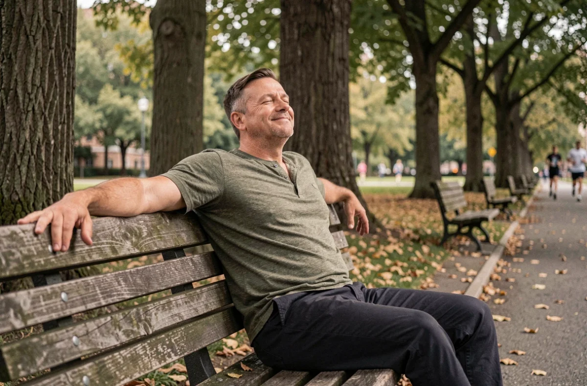 Homme se relaxant sur un banc de parc en automne, symbolisant le besoin de repos et de déconnexion le week-end