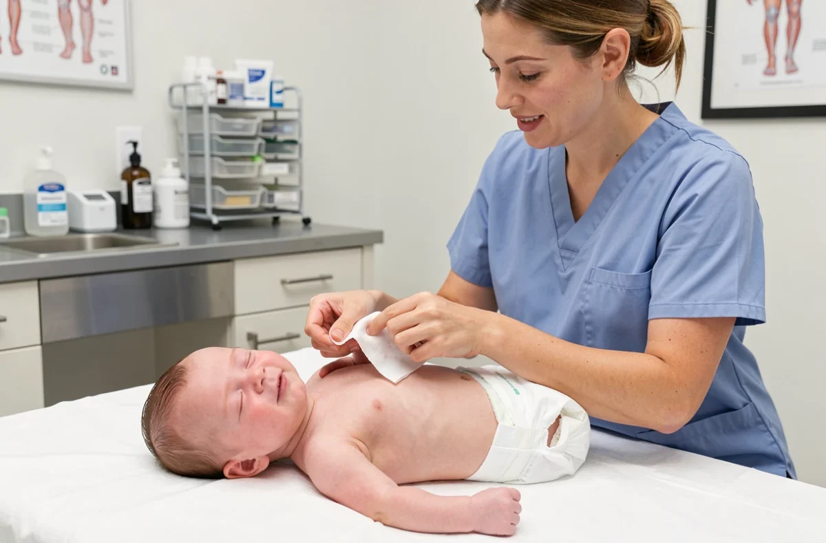 Infirmière pédiatrique nettoyant l'oreille d'un nouveau-né sur une table d'examen médicale