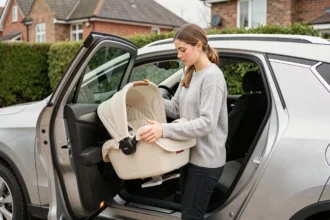 Jeune maman installant une nacelle de poussette dans le siège arrière d'un SUV argenté dans une allée résidentielle