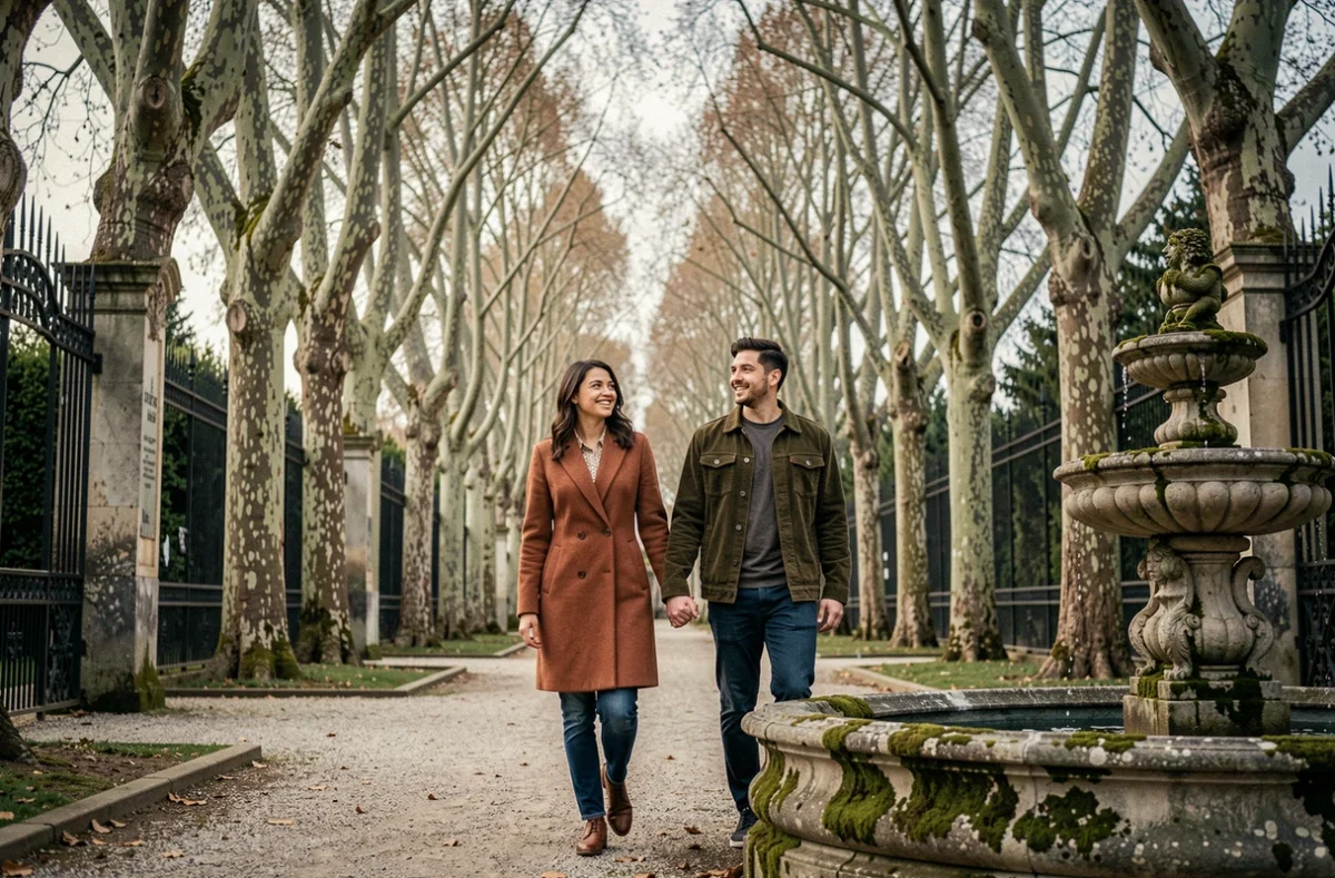 Couple se promenant dans un jardin historique avec fontaine en pierre dans le département 92