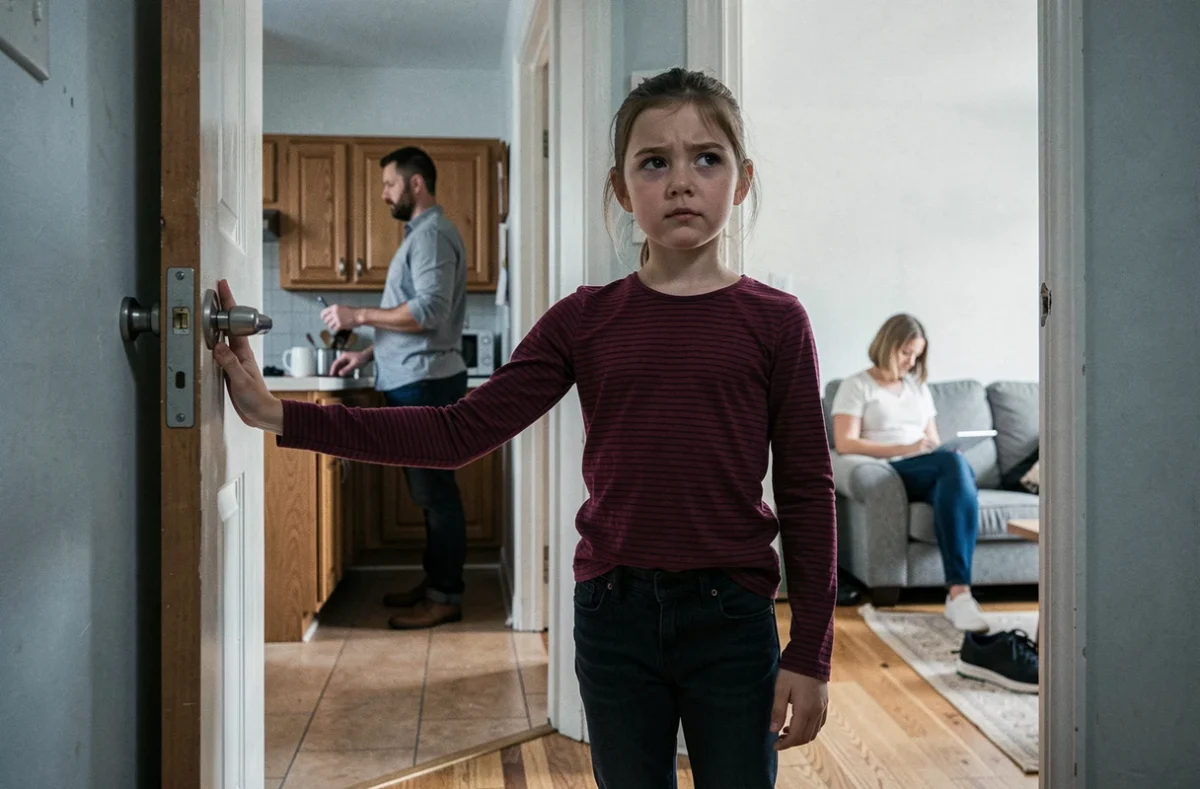 Jeune fille hésitante au seuil d'un couloir entre deux espaces de vie symbolisant le choix entre ses parents après une séparation